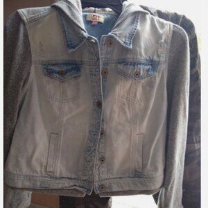 l.e.i. distressed mixed media denim jacket + FREE "D" Camo boyfriend jeans FREE
